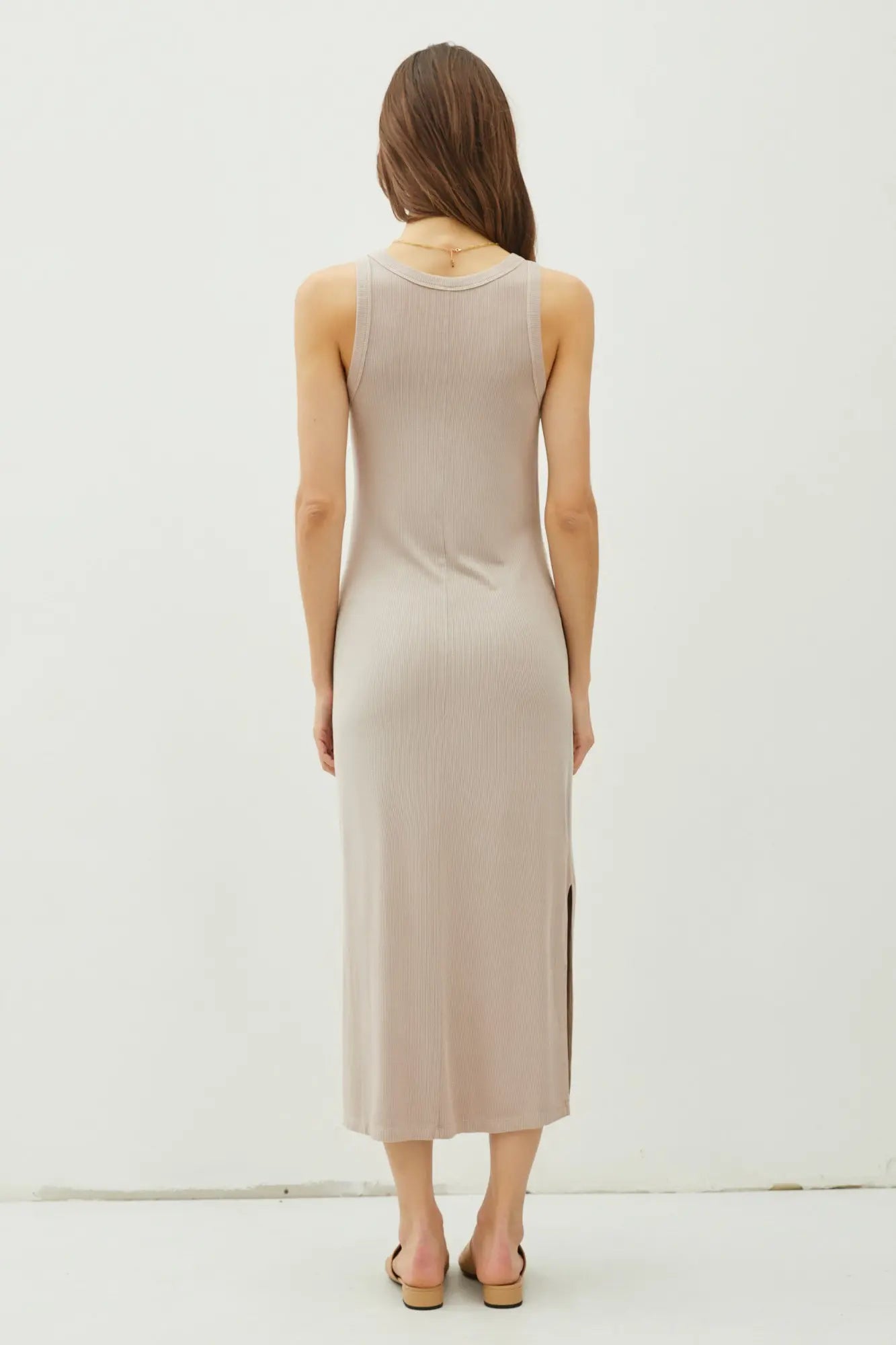 RIBBED KNIT SIDE SLIT SLEEVELESS TANK MIDI DRESS