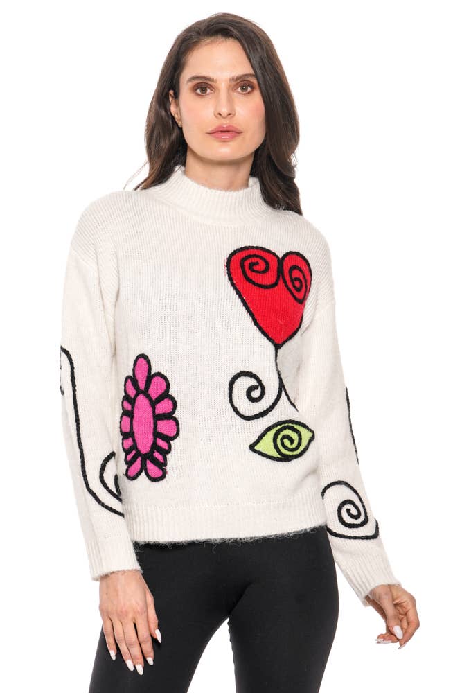 Adore - AD2505 - Whimsical Heart & Floral Graphic Knit Sweater