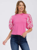 WOMEN'S SHORT PUFF SLEEVE V-NECK FLORAL DETAILED BLOUSE