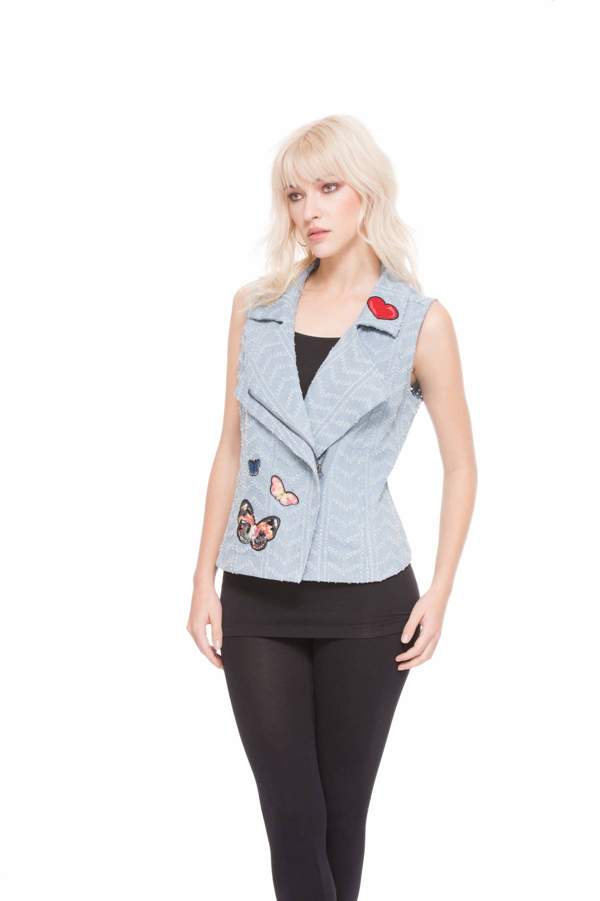 Adore - L3448-1 - Light Wash Denim Vest with Embroidered Patches