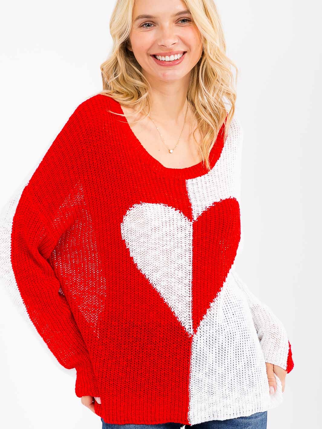 WOMEN'S LONG SLEEVE COLORBLOCK HEART PRINT KNIT PULLOVER SWEATER