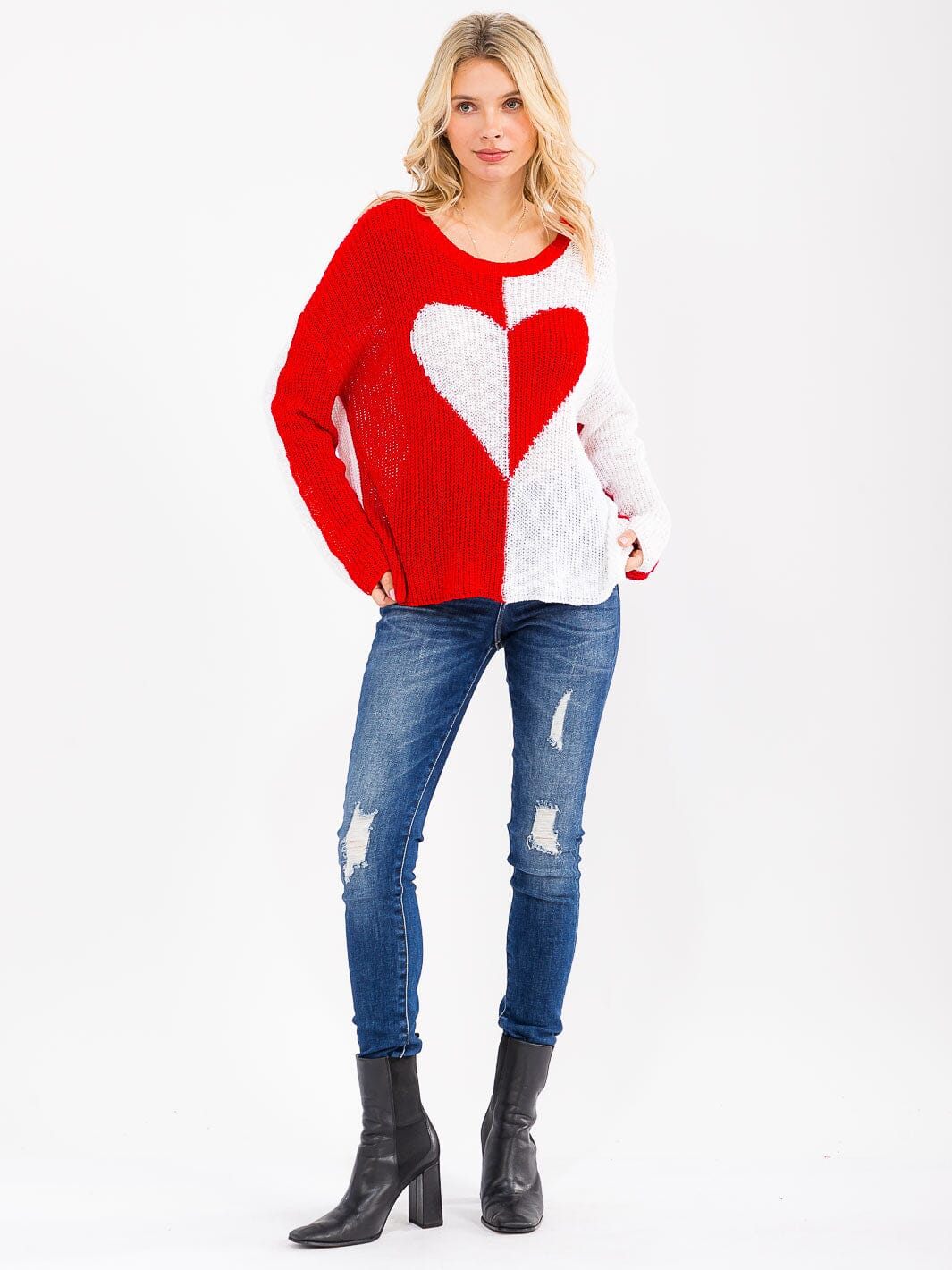 WOMEN'S LONG SLEEVE COLORBLOCK HEART PRINT KNIT PULLOVER SWEATER