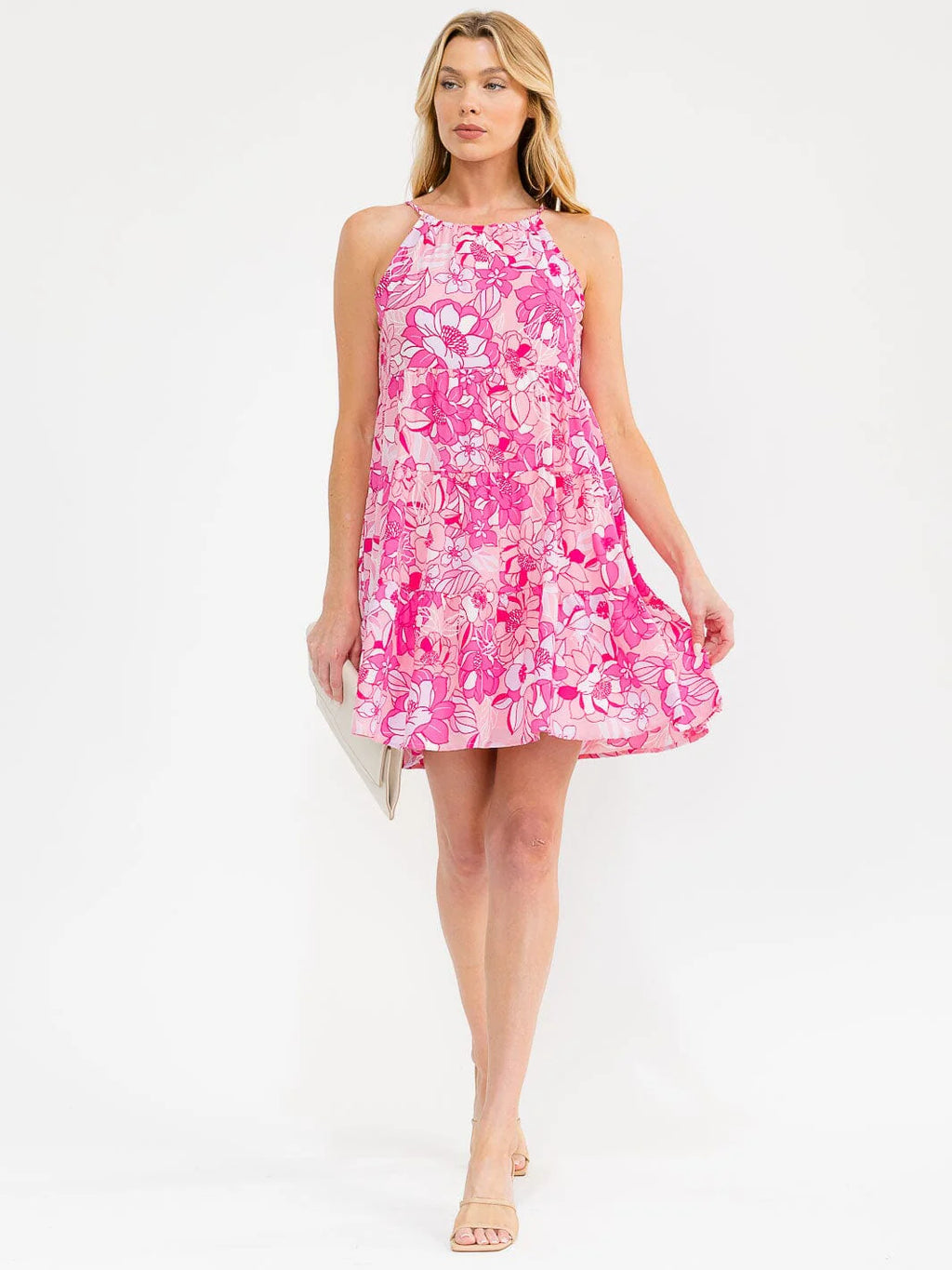 WOMEN'S SLEEVELESS HALTER NECK FLORAL TUNIC MINI DRESS