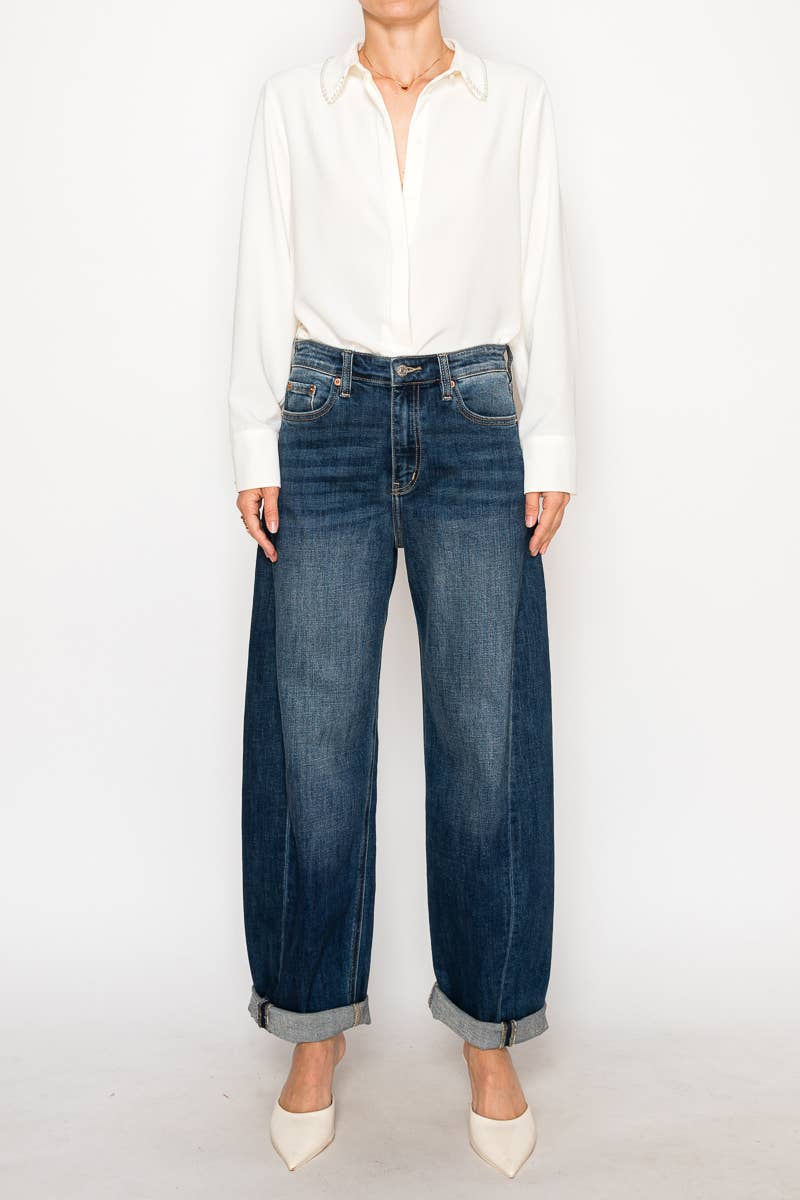 ARTEMIS VINTAGE - HIGH RISE RELAXED TAPERED DARK WASH BARREL JEANS: