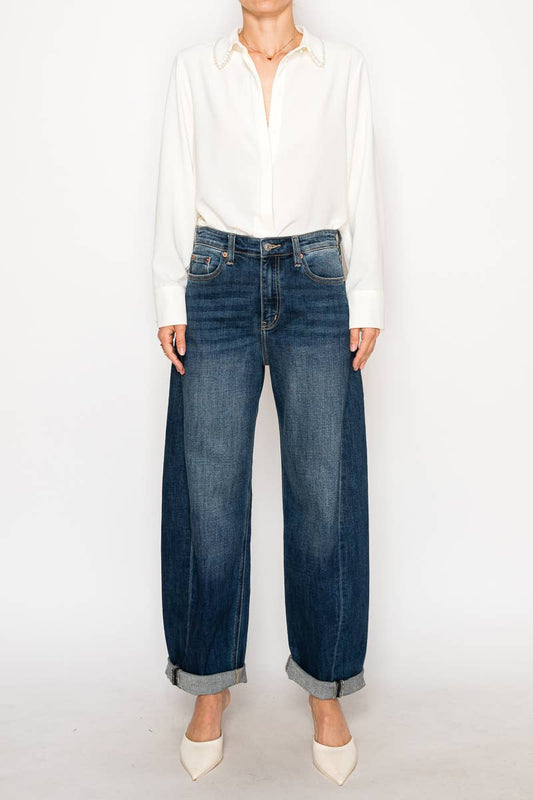 ARTEMIS VINTAGE - HIGH RISE RELAXED TAPERED DARK WASH BARREL JEANS: